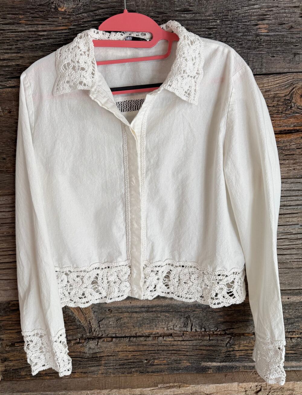 Zara Women White Crochet Lace Trim Cropped Lightweight Jacket Boho Size L